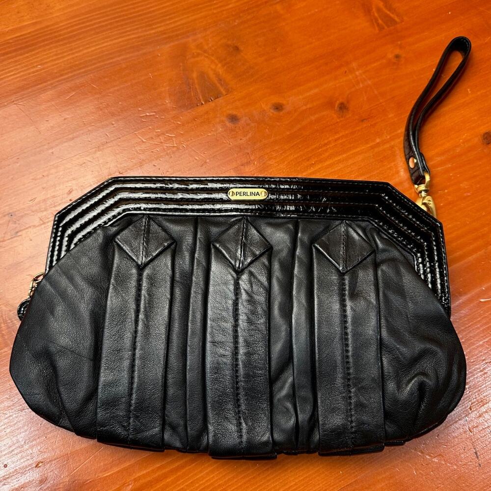 Vintage Perlina Black Soft Glove Leather Clutch/Wristlet